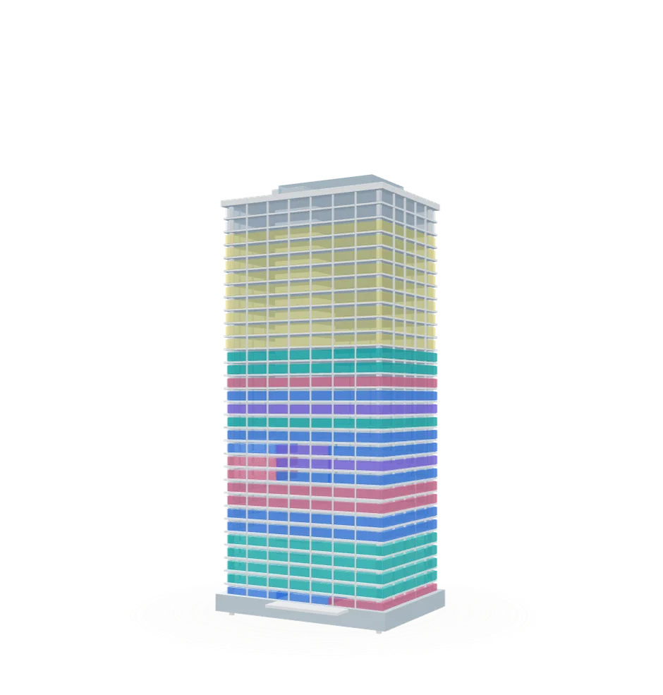 An office tower shown floor by floor in 3D, colored by tenant, with vacant floors in yellow