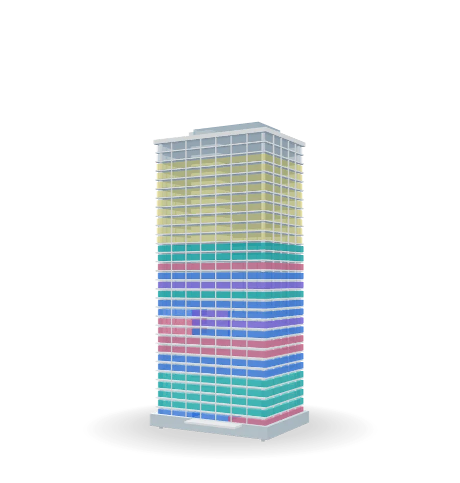 An office tower shown floor by floor in 3D, colored by tenant, with vacant floors in yellow